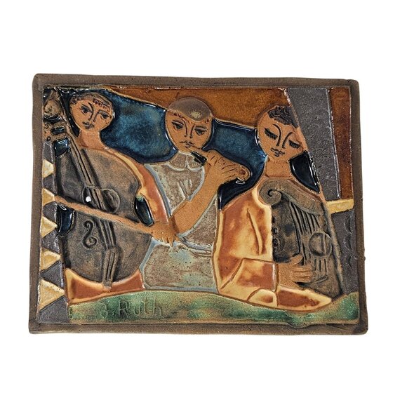 J Ruth Faktor Handmade Ceramic Tile Plaque Musicians Playing Instruments Signed - Picture 1 of 10